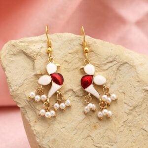 White Meenakari Bird Dangle Earrings with Pearl Beads