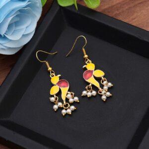 Yellow Meenakari Bird Earrings with Pearl Beads