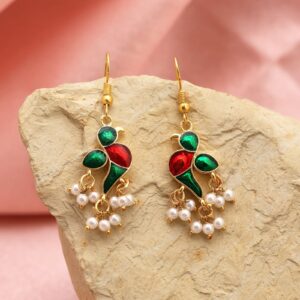 Emerald Green Meenakari Bird Dangle Earrings with Pearl Beads