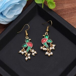Emerald Green Meenakari Bird Dangle Earrings with Pearl Beads