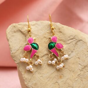 Pink Meenakari Bird Earrings with Pearl Beads
