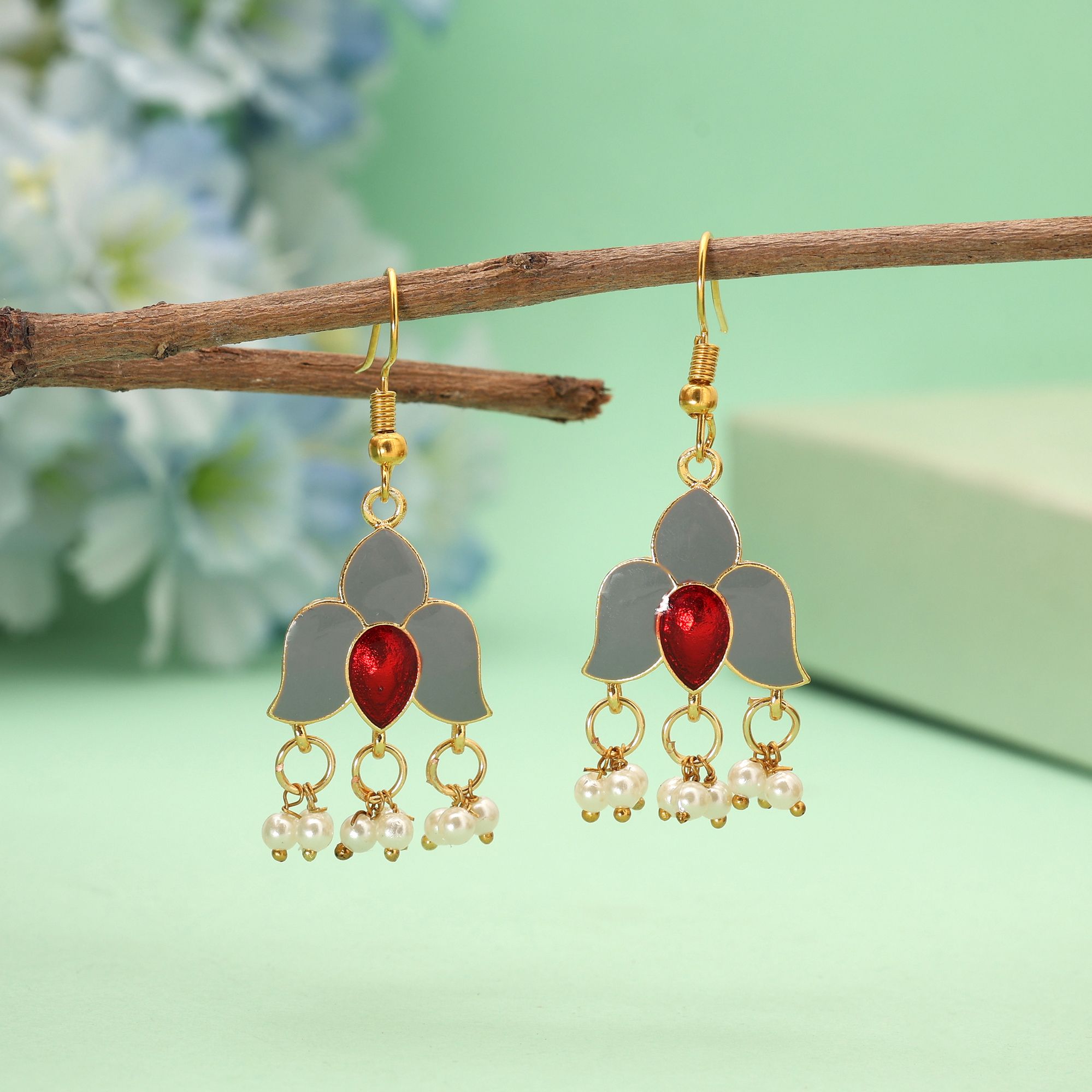 Grey Meenakari Floral Dangle Earrings with Red Stone & Pearls