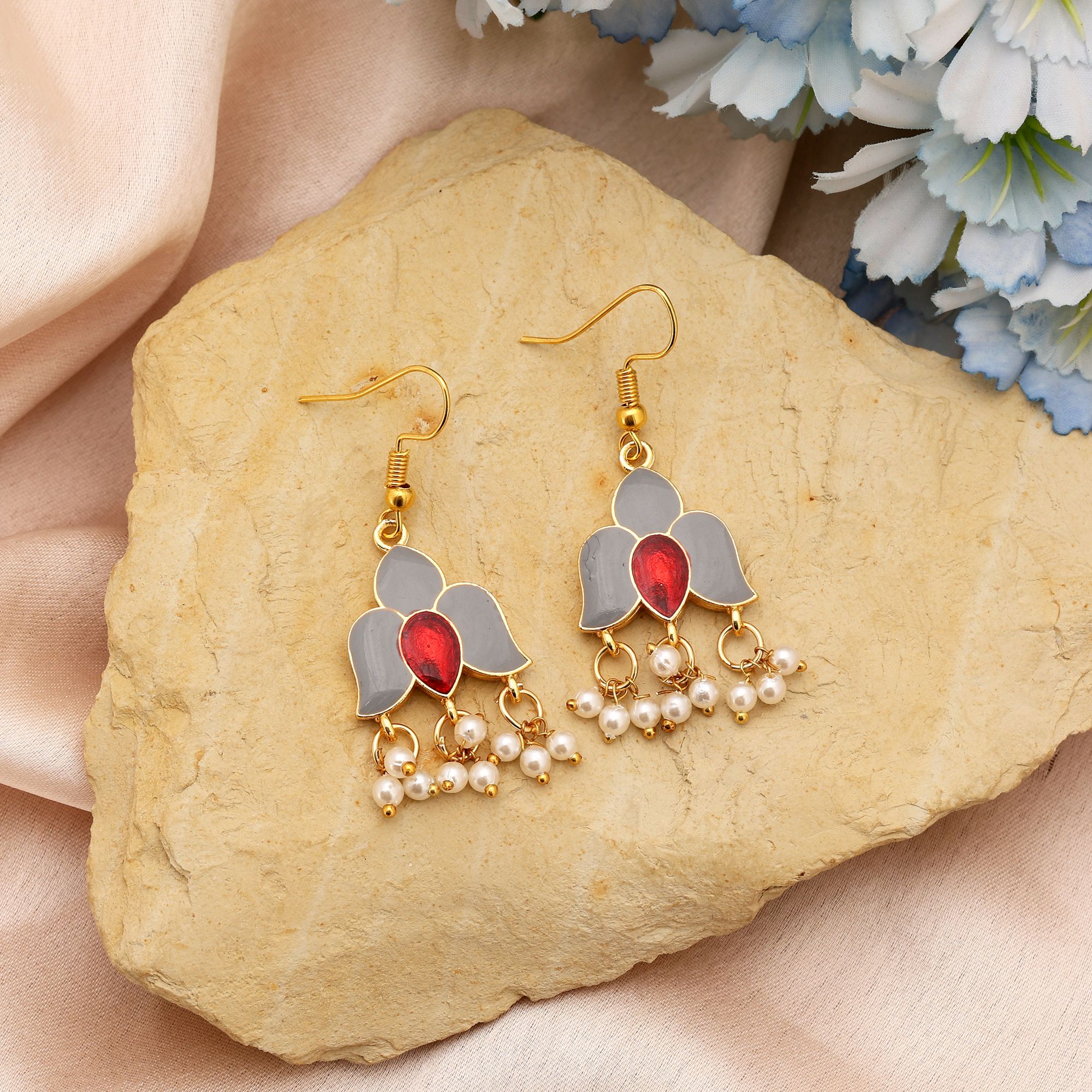 Grey Meenakari Floral Dangle Earrings with Red Stone & Pearls - Image 2