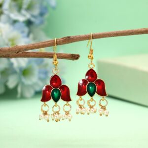 Maroon Meenakari Floral Dangle Earrings with Red Stone & Pearls