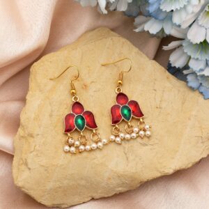 Maroon Meenakari Floral Dangle Earrings with Red Stone & Pearls