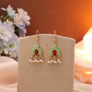 Pista Green Meenakari Floral Dangle Earrings with Red Stone & Pearls