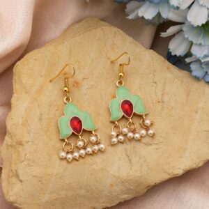 Pista Green Meenakari Floral Dangle Earrings with Red Stone & Pearls