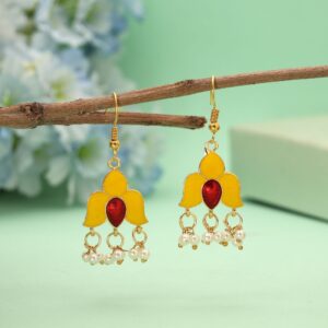 Yellow Meenakari Floral Dangle Earrings with Red Stone & Pearls