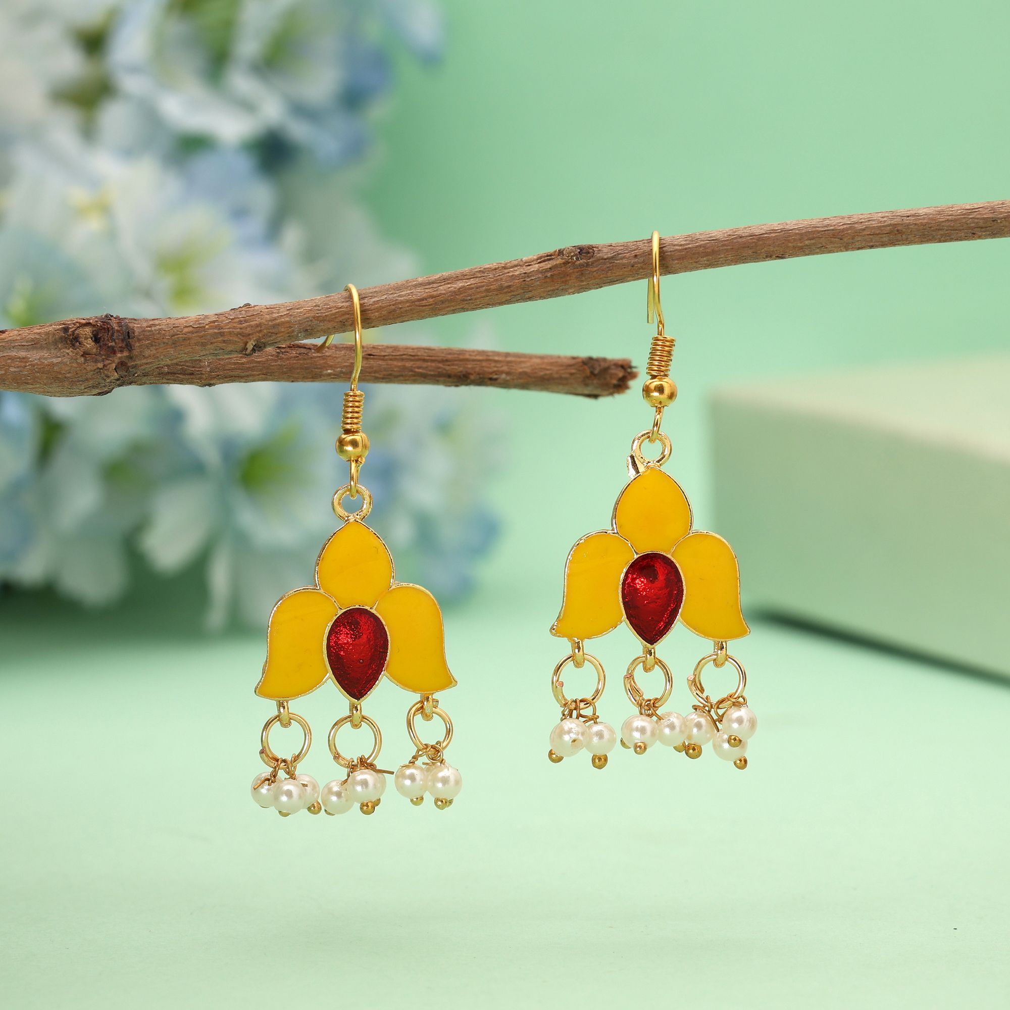 Yellow Meenakari Floral Dangle Earrings with Red Stone & Pearls