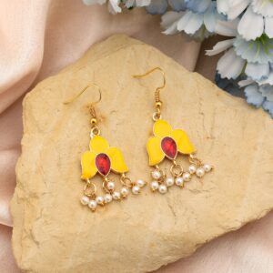 Yellow Meenakari Floral Dangle Earrings with Red Stone & Pearls