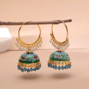 Handcrafted Light Blue Floral Meenakari Hoop Jhumka Earrings with Bead Drops