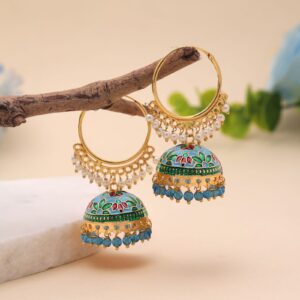 Handcrafted Light Blue Floral Meenakari Hoop Jhumka Earrings with Bead Drops