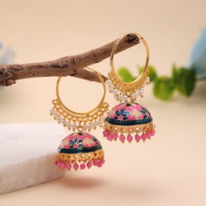 Handcrafted Pink Floral Meenakari Hoop Jhumka Earrings with Bead Drops